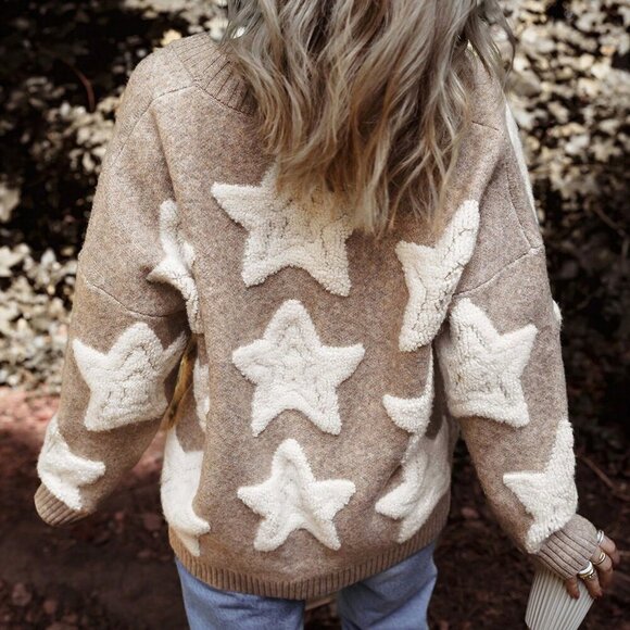 Khaki Casual Women's Cute And Star Pattern Loose Fit Cardigan - Picture 2 of 8